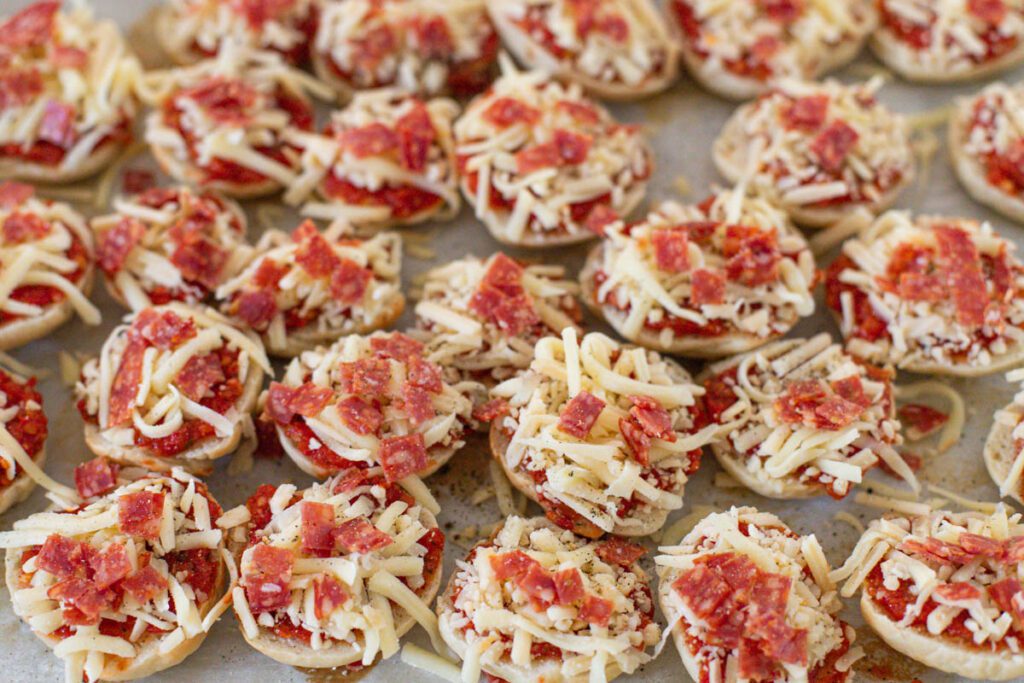 mini pizza bagel bites ready to go in the oven