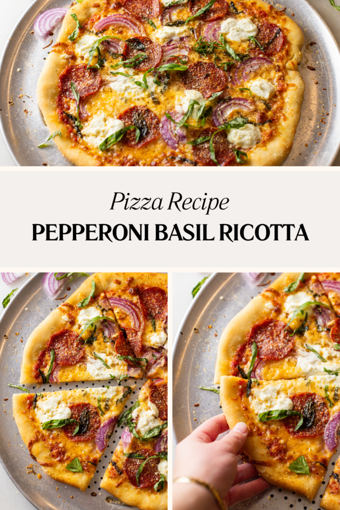 three images of pepperoni pizza with basil and ricotta on a pizza pan