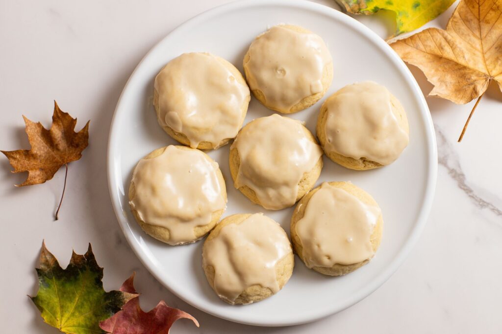 maple cookies on plate with maple leaves