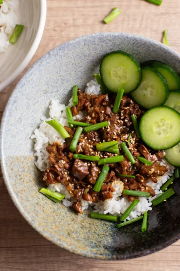 slow cooker korean beef recipe in stone bowl