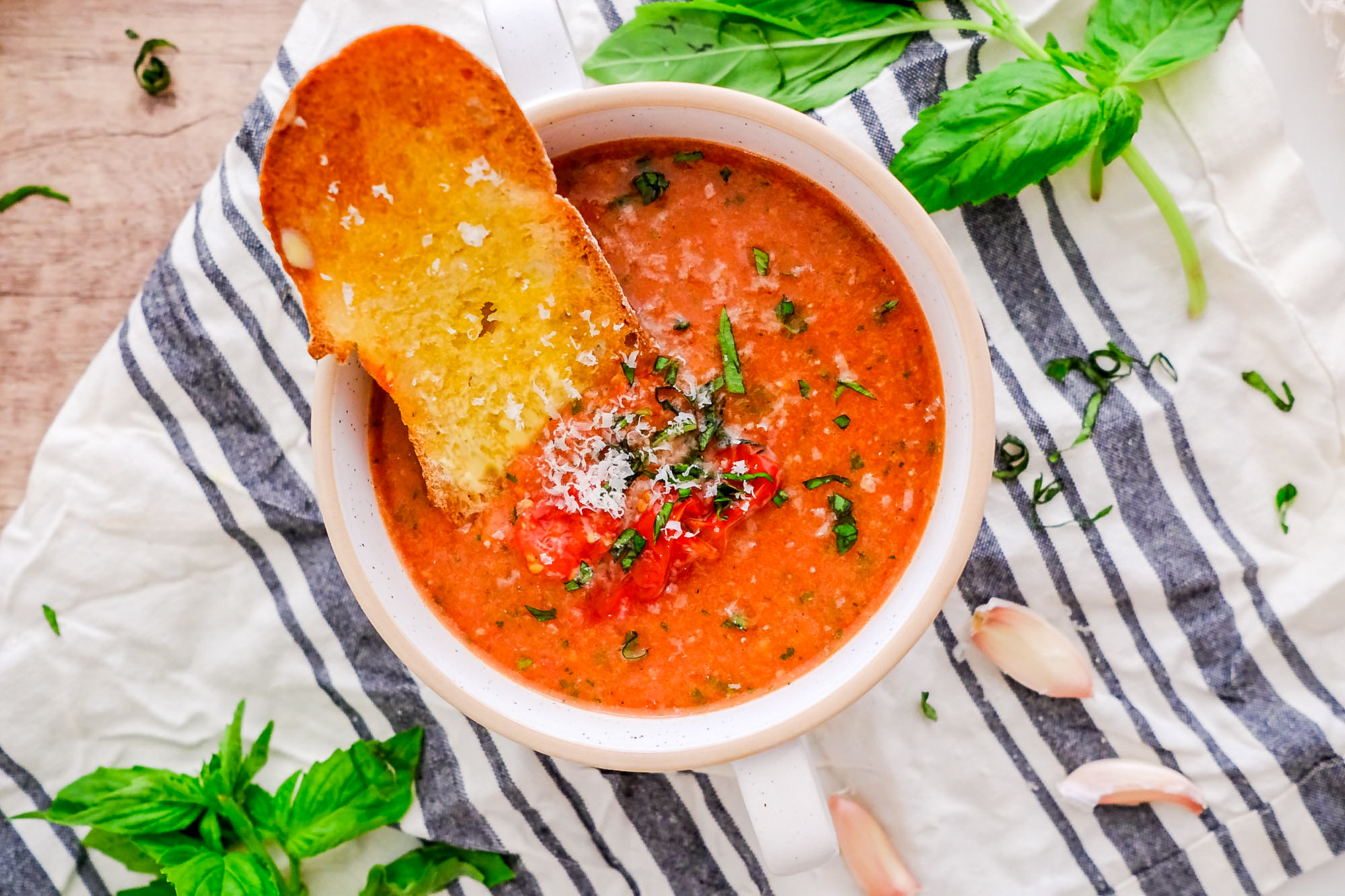 roasted tomato and basil soup in a bowl